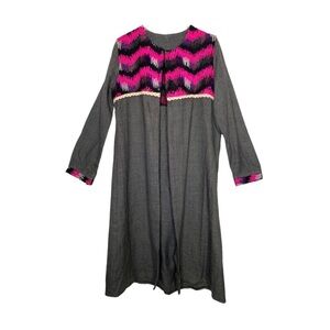 Boho Needlework Open Front Cardigan Tunic Coat Woven Slate Grey Bright Pink M
